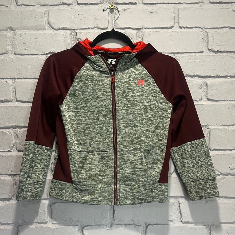 Russell Athletic Kids' Burgundy and Gray Zip-Up Hoodie size 8